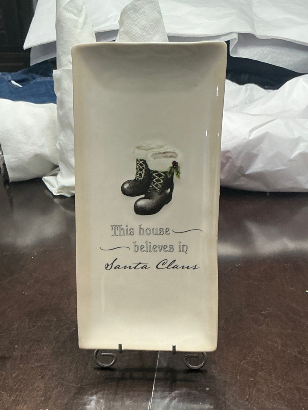 Holiday Ceramic Decorative Tray in Cream with Santa Boots